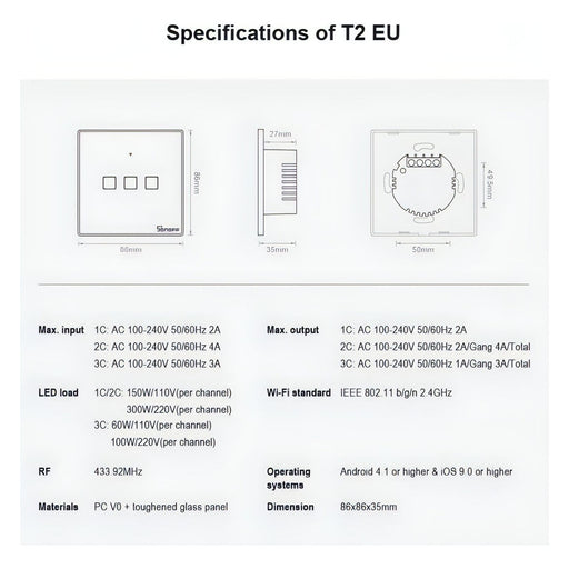 Sonoff T2 Touch 86mm Tempered Glass Panel Wall Switch Smart Home Light Touch Switch, Compatible with Alexa and Google Home, AC 100V-240V, EU Plug SJMUSICGROUP