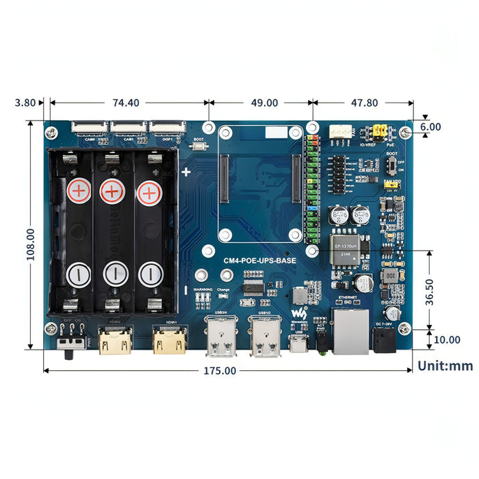 Waveshare PoE UPS Base Board for Raspberry Pi CM4, Gigabit Ethernet, Dual HDMI, Quad USB2.0 SJMUSICGROUP