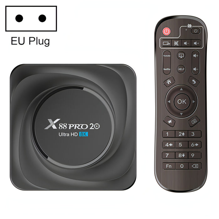 X88 Pro 20 4K Smart TV BOX Android 11.0 Media Player with Infrared Remote Control, RK3566 Quad Core 64bit Cortex-A55 up to 1.8GHz, RAM: 4GB, ROM: 32GB, Support Dual Band WiFi, Bluetooth, Ethernet, EU Plug SJMUSICGROUP