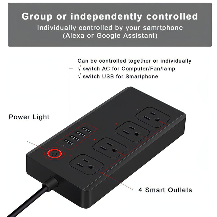 SM-SO301-U 2500W 4 Holes + 4 USB Smart Power Strip, US Plug SJMUSICGROUP