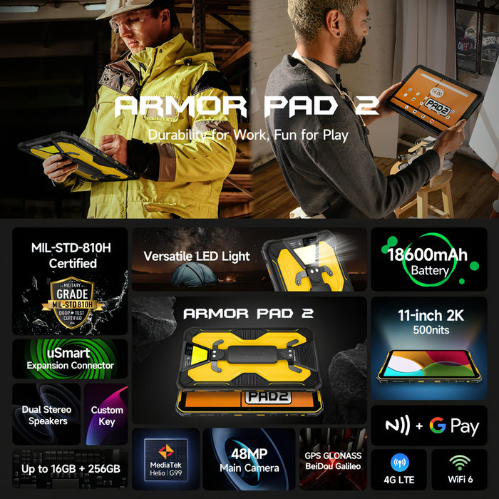 Ulefone Armor Pad 2 Rugged Tablet PC, 16GB+256GB 11 inch Android 13 MediaTek Helio G99 Octa Core 4G Network SJMUSICGROUP