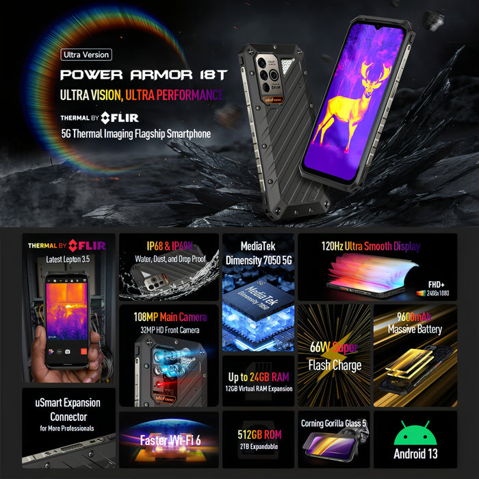 Ulefone Power Armor 18T Ultra Version 5G Thermal Imaging Rugged Phone, Side Fingerprint, 6.58 inch Android 13 MediaTek Dimensity 7050 Octa Core up to 2.6GHz, Network: 5G, NFC, OTG SJMUSICGROUP