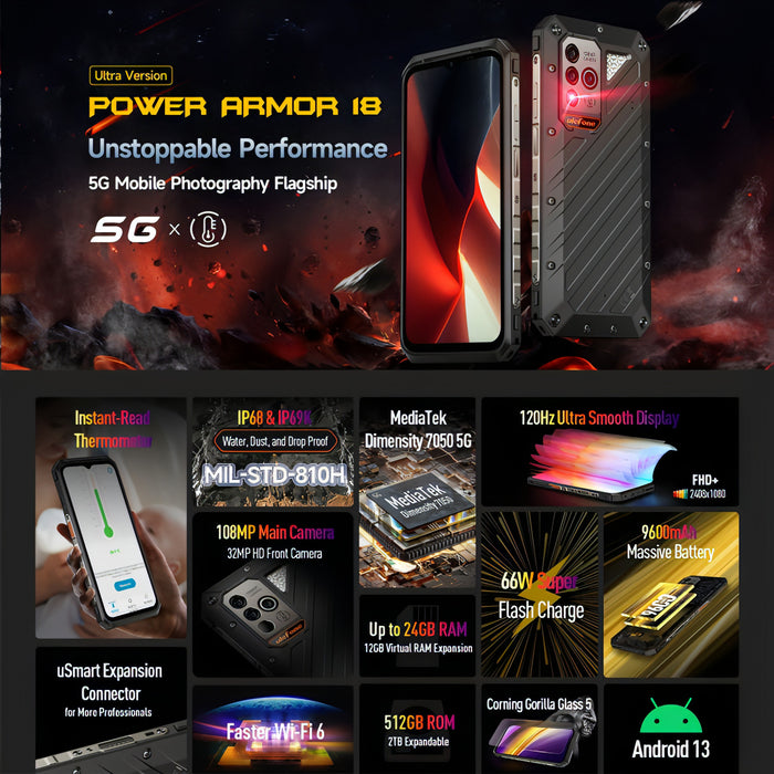 Ulefone Power Armor 18 Ultra Version 5G Thermometer Rugged Phone, Side Fingerprint, 6.58 inch Android 13 MediaTek Dimensity 7050 Octa Core up to 2.6GHz, Network: 5G, NFC, OTG SJMUSICGROUP