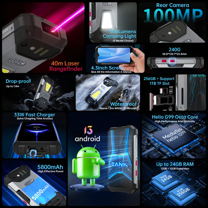 Unihertz Tank mini 1 / 8849, Laser Rangefinder, 100MP Camera, 4.3 inch Android 13 Helio G99 Octa Core, Network: 4G SJMUSICGROUP