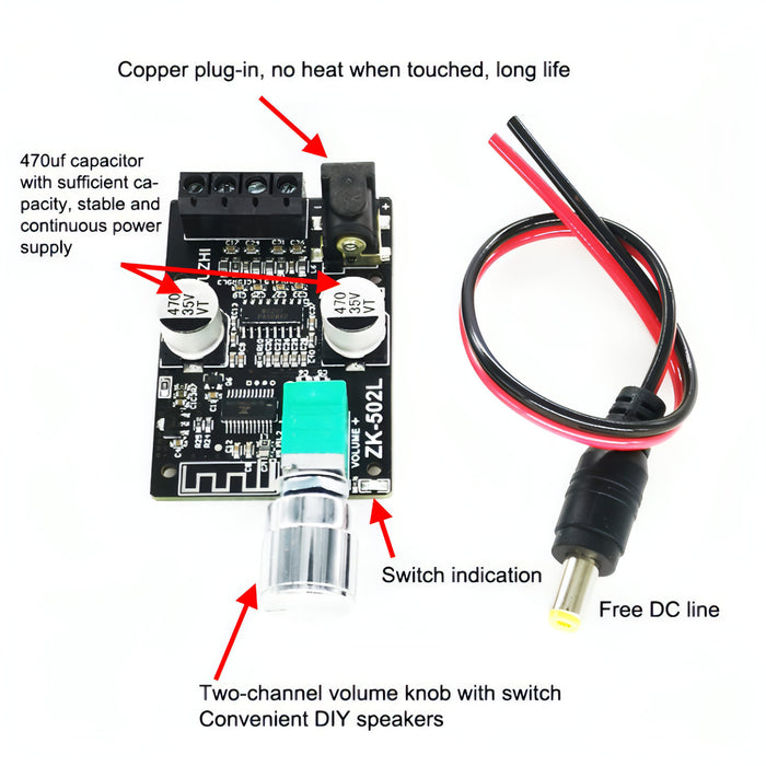 ZK-502L Bluetooth 5.0 12/24V Wireless Stereo Audio Digital Power Amplifier Board 50Wx2 Bluetooth Amp Amplificador, with Shell SJMUSICGROUP