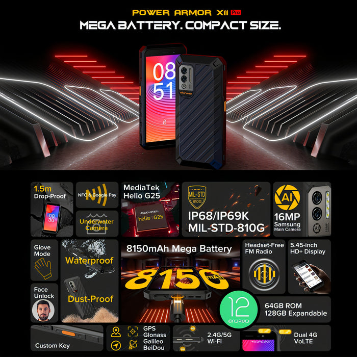 IP68/IP69K Waterproof Dustproof Shockproof, Dual Back Cameras, Face Unlock, 5.45 inch Android 12 MediaTek Helio G25 MT6762VWB Octa Core up to 2.0GHz, Network: 4G, NFC, OTG SJMUSICGROUP