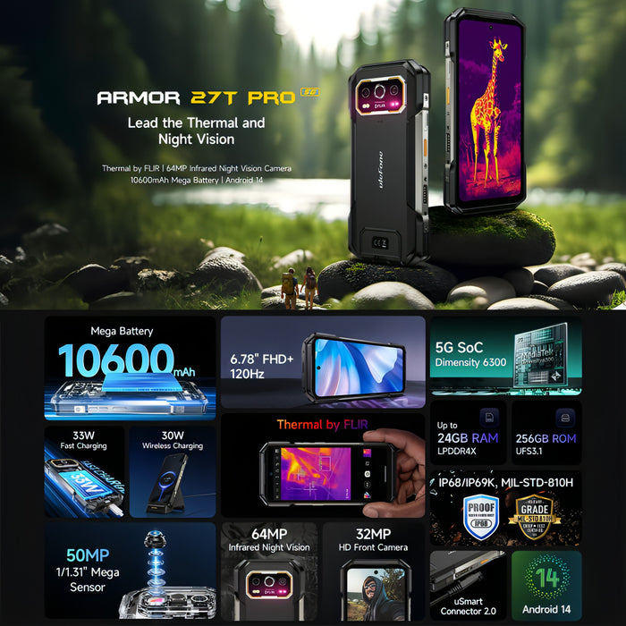 Ulefone Armor 27T Pro Rugged Phone, Thermal Imaging, 12GB+256GB, Night Vision, 10600mAh, 6.78 inch Android 14 MediaTek Dimensity 6300 Octa Core, Network: 5G, NFC SJMUSICGROUP