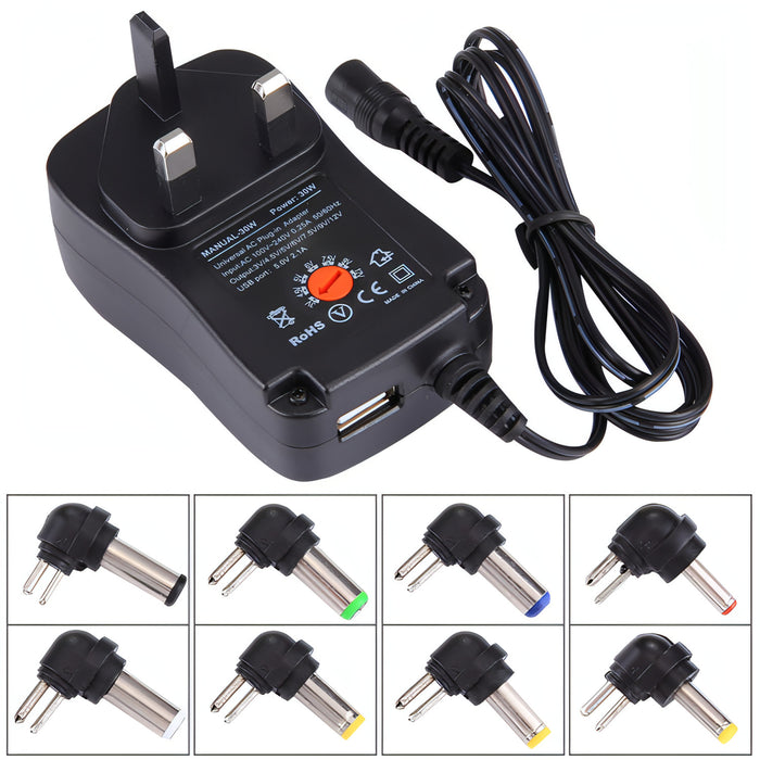 UK Plug Universal 30W Power Wall Plug-in Adapter with 5V 2.1A USB Port, Tips: 8 PCS, Cable Length: About 1.2m SJMUSICGROUP