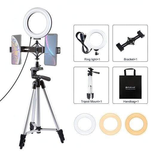 PULUZ Tripod Mount +  Live Broadcast Dual Phone Bracket + 6.2 inch 16cm LED Ring Vlogging Video Light Kits SJMUSICGROUP