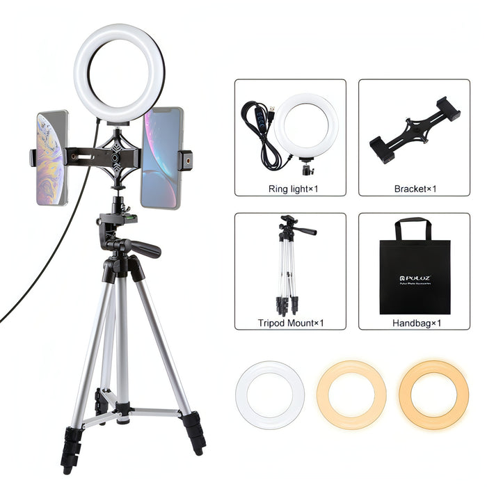 PULUZ Tripod Mount +  Live Broadcast Dual Phone Bracket + 6.2 inch 16cm LED Ring Vlogging Video Light Kits SJMUSICGROUP