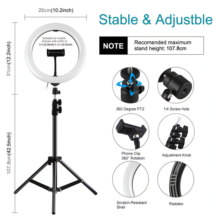 PULUZ 1.1m Tripod Mount + 10.2 inch 26cm RGBW LED Ring Vlogging Video Light  Live Broadcast Kits with Cold Shoe Tripod Ball Head & Phone Clamp SJMUSICGROUP