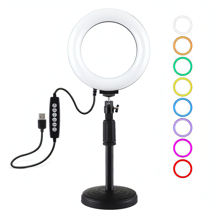 PULUZ 6.2 inch 16cm USB 10 Modes 8 Colors RGBW Dimmable LED Ring Vlogging Photography Video Lights + Round Base Desktop Mount with Cold Shoe Tripod Ball Head SJMUSICGROUP