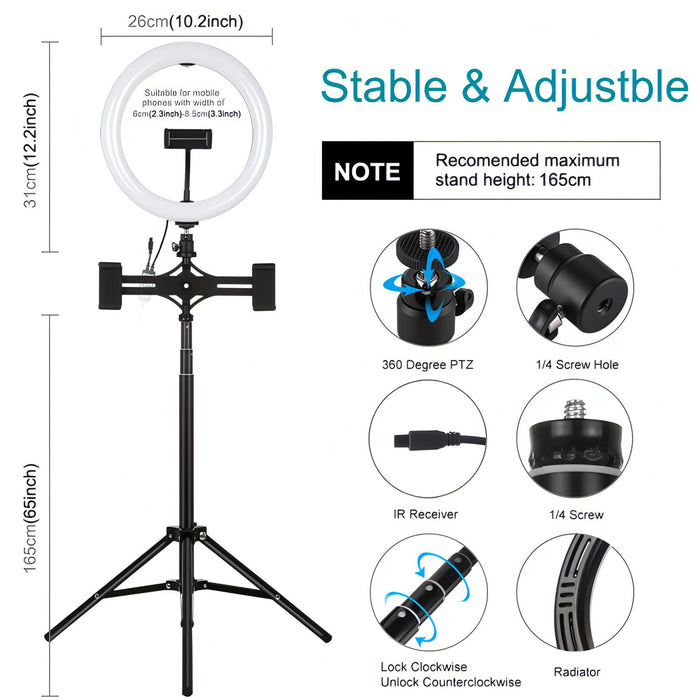 PULUZ 10.2 inch 26cm RGBW Light + 1.65m Tripod Mount + Dual Phone Bracket Curved Surface USB RGBW Dimmable LED Ring Selfie Beauty Vlogging Video Light Live Broadcast Kits with Cold Shoe Tripod Ball Head & Phone Clamp & Remote Control SJMUSICGROUP