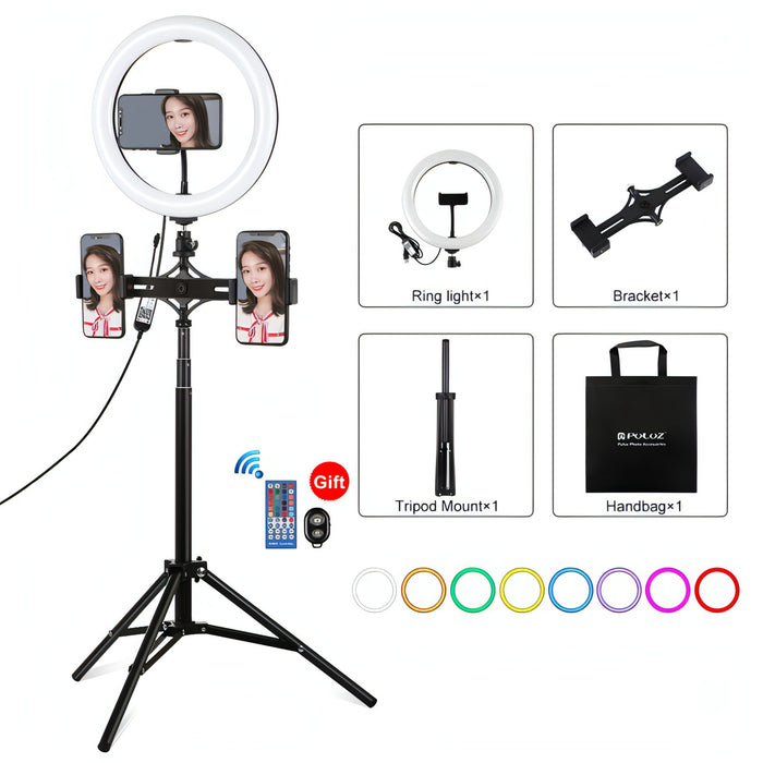 PULUZ 10.2 inch 26cm RGBW Light + 1.65m Tripod Mount + Dual Phone Bracket Curved Surface USB RGBW Dimmable LED Ring Selfie Beauty Vlogging Video Light Live Broadcast Kits with Cold Shoe Tripod Ball Head & Phone Clamp & Remote Control SJMUSICGROUP