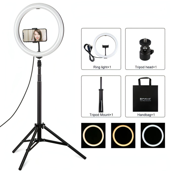 PULUZ 11.8 inch 30cm Light + 1.65m Tripod Mount Curved Surface USB 3 Modes Dimmable Dual Color Temperature LED Ring Vlogging Video Light Live Broadcast Kits with Phone Clamp SJMUSICGROUP