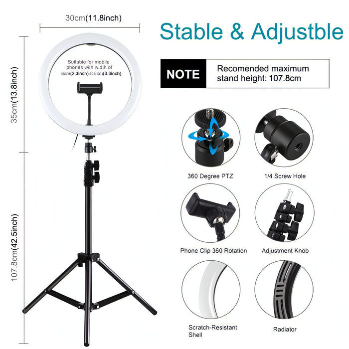 PULUZ 11.8 inch 30cm Light + 1.1m Tripod Mount Curved Surface USB 3 Modes Dimmable Dual Color Temperature LED Ring Vlogging Video Light  Live Broadcast Kits with Phone Clamp SJMUSICGROUP