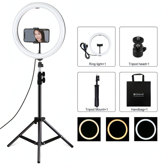 PULUZ 11.8 inch 30cm Light + 1.1m Tripod Mount Curved Surface USB 3 Modes Dimmable Dual Color Temperature LED Ring Vlogging Video Light  Live Broadcast Kits with Phone Clamp SJMUSICGROUP