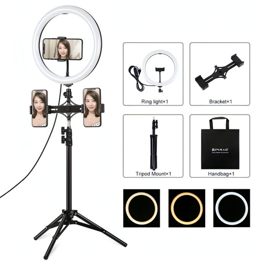 PULUZ 11.8 inch 30cm Light + 1.1m Tripod Mount + Dual Phone Brackets Curved Surface USB 3 Modes Dimmable Dual Color Temperature LED Ring Vlogging Video Light Live Broadcast Kits with Phone Clamp SJMUSICGROUP