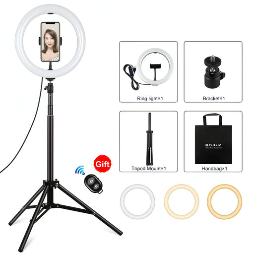 PULUZ 10.2 inch 26cm Light + 1.65m Tripod Mount Curved Surface USB 3 Modes Dimmable Dual Color Temperature Ring Vlogging Video Light Live Broadcast Kits with Phone Clamp & Selfie Remote Control SJMUSICGROUP