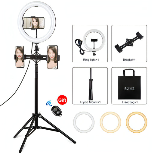 PULUZ 1.65m Tripod Mount + Dual Phone Brackets + 10.2 inch 26cm Curved Surface USB 3 Modes Dimmable Dual Color Temperature Ring Selfie Vlogging Video Light Live Broadcast Kits with Phone Clamp & Selfie Remote Control SJMUSICGROUP