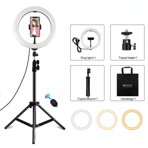 PULUZ 10.2 inch 26cm Ring Light + 1.1m Tripod Mount USB 3 Modes Dimmable Dual Color Temperature LED Curved Diffuse Light Vlogging Selfie Photography Video Lights with Phone Clamp & Selfie Remote Control SJMUSICGROUP