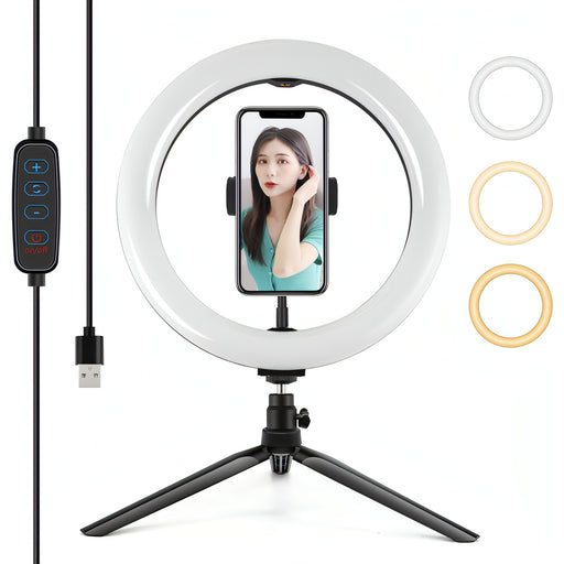 PULUZ 10.2 inch 26cm Selfie Beauty Light + Desktop Tripod Mount USB 3 Modes Dimmable LED Ring Vlogging Selfie Photography Video Lights with Cold Shoe Tripod Ball Head & Phone Clamp SJMUSICGROUP