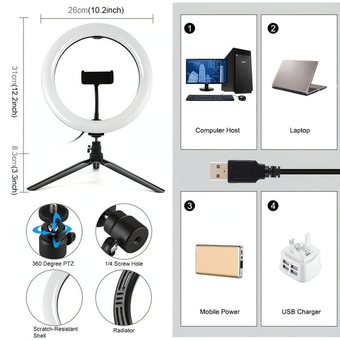 PULUZ 10.2 inch 26cm Light + Desktop Tripod Mount USB 3 Modes Dimmable Dual Color Temperature LED Curved Diffuse Light Ring Vlogging Selfie Photography Video Lights with Phone Clamp SJMUSICGROUP