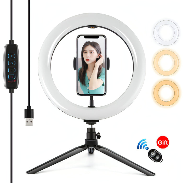 PULUZ 10.2 inch 26cm Light + Desktop Tripod Mount USB 3 Modes Dimmable Dual Color Temperature LED Curved Diffuse Light Ring Vlogging Selfie Photography Video Lights with Phone Clamp SJMUSICGROUP