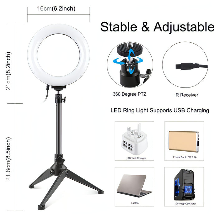 PULUZ 6.2 inch 16cm RGBW Light + Desktop Tripod Mount + USB Dimmable LED Ring Vlogging Photography Video Lights with Cold Shoe Tripod Ball Head & Remote Control SJMUSICGROUP