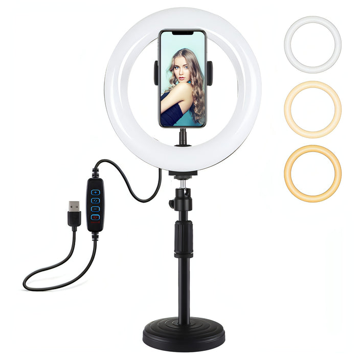 PULUZ 7.9 inch 20cm Light+ Round Base Desktop Holder USB 3 Modes Dimmable Dual Color Temperature LED Curved Light Ring Vlogging Selfie Photography Video Lights with Phone Clamp SJMUSICGROUP