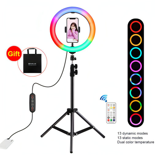 PULUZ 10.2 inch 26cm Marquee LED RGBWW Selfie Beauty Light  + 1.1m Tripod Mount 168 LED Dual-color Temperature Dimmable Ring Vlogging Photography Video Lights with Cold Shoe Tripod Ball Head & Remote Control & Phone Clamp SJMUSICGROUP