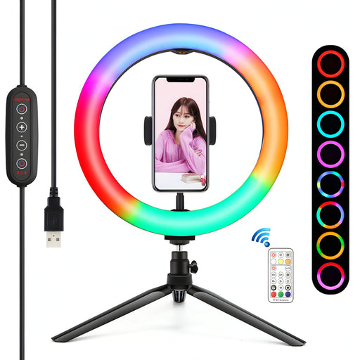 PULUZ 10.2 inch 26cm Marquee LED RGBWW Selfie Beauty Light + Desktop Tripod Mount 168 LED Dual-color Temperature Dimmable Ring Vlogging Photography Video Lights with Cold Shoe Tripod Ball Head & Remote Control & Phone Clamp SJMUSICGROUP