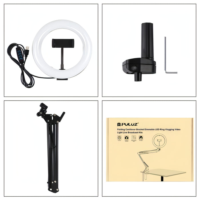 PULUZ 7.9 inch 20cm Ring Curved Light + Desktop Arm Stand USB 3 Modes Dimmable Dual Color Temperature LED Vlogging Selfie Photography Video Lights with Phone Clamp SJMUSICGROUP