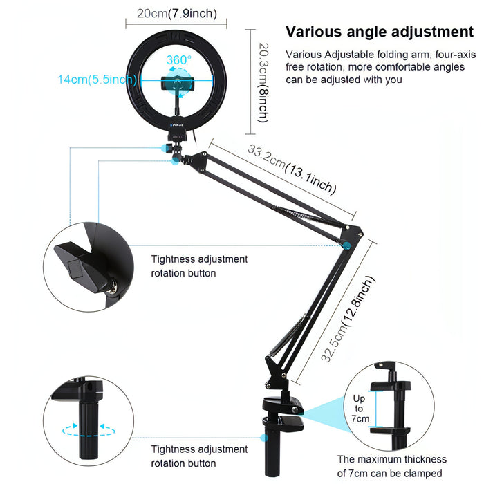 PULUZ 7.9 inch 20cm Ring Curved Light + Desktop Arm Stand USB 3 Modes Dimmable Dual Color Temperature LED Vlogging Selfie Photography Video Lights with Phone Clamp SJMUSICGROUP