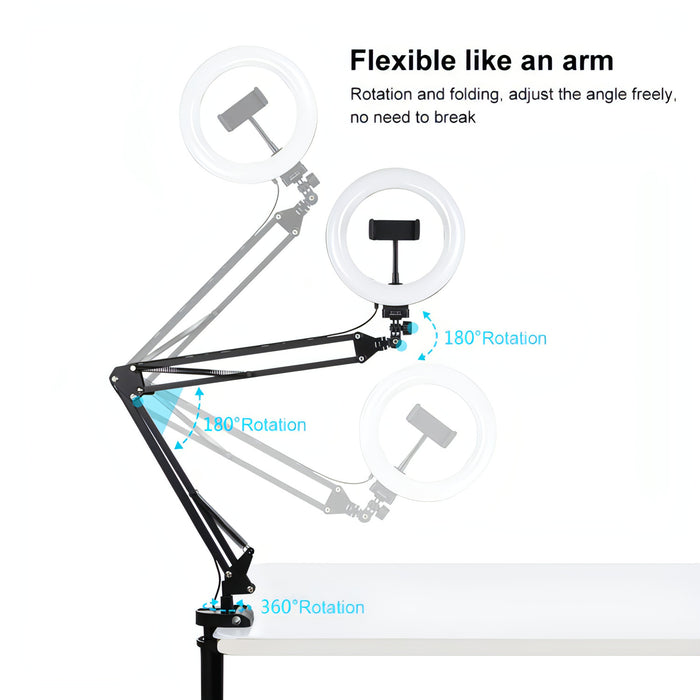 PULUZ 7.9 inch 20cm Ring Curved Light + Desktop Arm Stand USB 3 Modes Dimmable Dual Color Temperature LED Vlogging Selfie Photography Video Lights with Phone Clamp SJMUSICGROUP