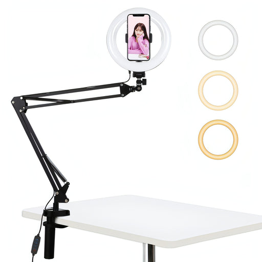 PULUZ 7.9 inch 20cm Ring Curved Light + Desktop Arm Stand USB 3 Modes Dimmable Dual Color Temperature LED Vlogging Selfie Photography Video Lights with Phone Clamp SJMUSICGROUP