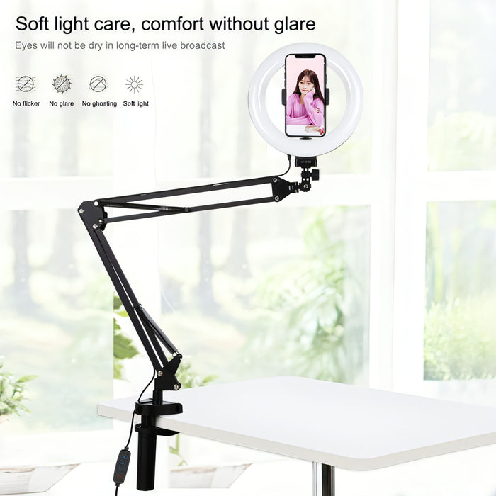 PULUZ 7.9 inch 20cm Ring Curved Light + Desktop Arm Stand USB 3 Modes Dimmable Dual Color Temperature LED Vlogging Selfie Photography Video Lights with Phone Clamp SJMUSICGROUP