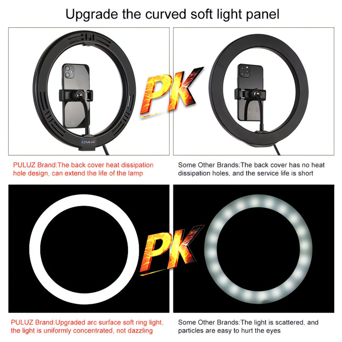 PULUZ 7.9 inch 20cm Ring Curved Light + Desktop Arm Stand USB 3 Modes Dimmable Dual Color Temperature LED Vlogging Selfie Photography Video Lights with Phone Clamp SJMUSICGROUP