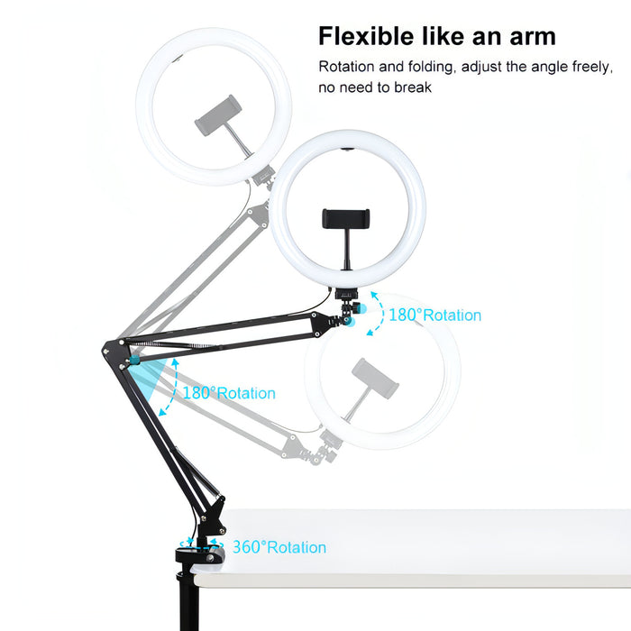 PULUZ 10.2 inch 26cm Ring Curved Light + Desktop Arm Stand USB 3 Modes Dimmable Dual Color Temperature LED Vlogging Selfie Photography Video Lights with Phone Clamp SJMUSICGROUP