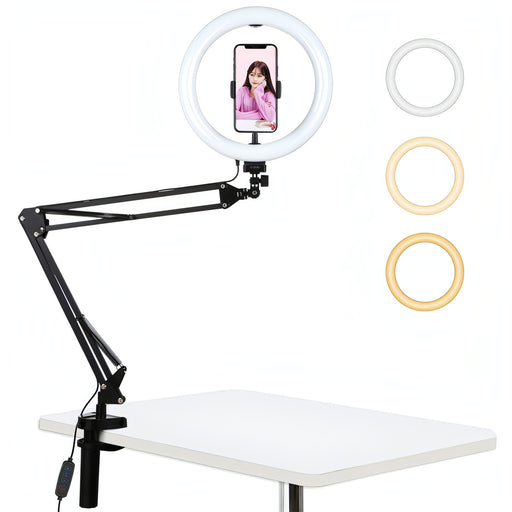 PULUZ 10.2 inch 26cm Ring Curved Light + Desktop Arm Stand USB 3 Modes Dimmable Dual Color Temperature LED Vlogging Selfie Photography Video Lights with Phone Clamp SJMUSICGROUP