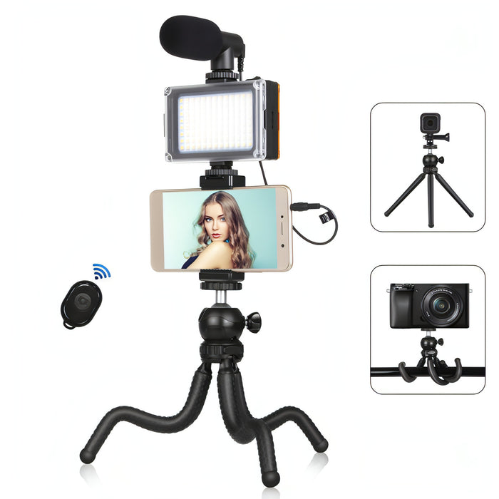 PULUZ  4 in 1 Vlogging Live Mini Octopus Bracket Kit + Studio Light + Microphone + Phone Clamp Kits SJMUSICGROUP