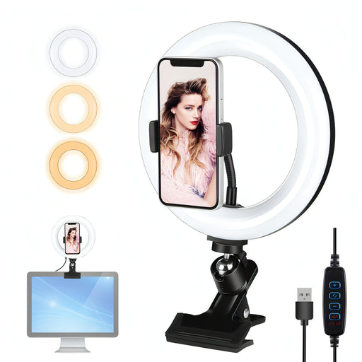 PULUZ 7.9 inch 20cm Ring Selfie Light + Monitor Clip 3 Modes USB Dimmable Dual Color Temperature LED Curved Vlogging Photography Video Lights Kits with Phone Clamp SJMUSICGROUP