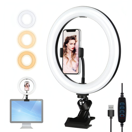 PULUZ 10.2 inch 26cm Ring Light + Monitor Clip USB 3 Modes Dimmable Dual Color Temperature LED Curved Diffuse Vlogging Selfie Beauty Photography Video Lights with Phone Clamp SJMUSICGROUP