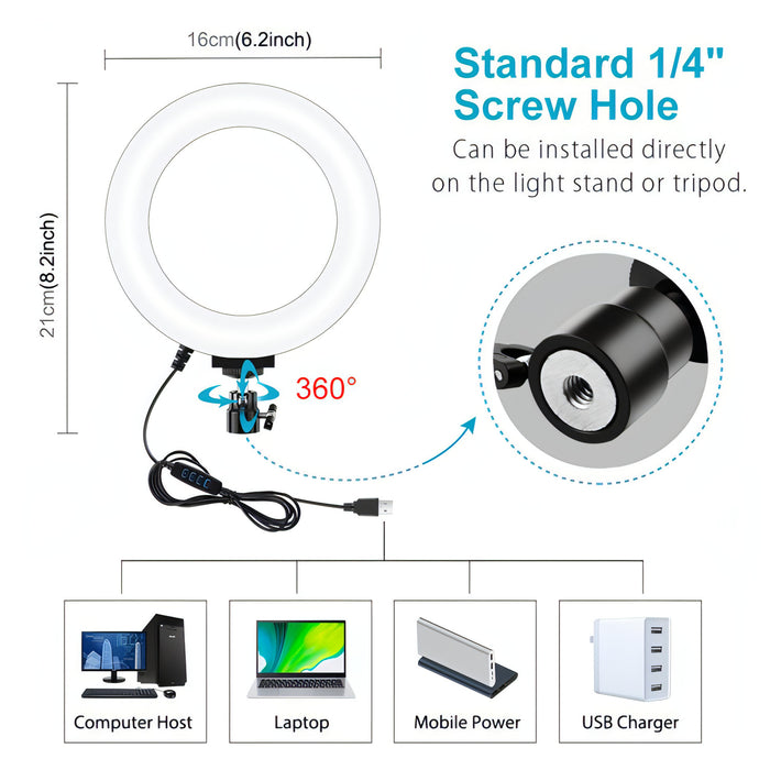 PULUZ 6.2 inch 16cm USB 3 Modes Dimmable LED Ring Vlogging Photography Video Lights with Tripod Ball Head SJMUSICGROUP