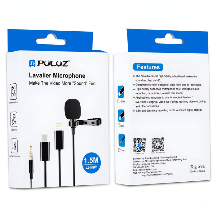 PULUZ 1.5m 3.5mm Jack Lavalier Wired Condenser Recording Microphone SJMUSICGROUP