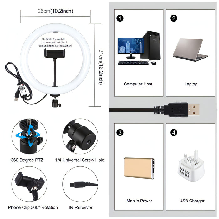 PULUZ 10.2 inch 26cm USB RGBW Dimmable LED Ring Vlogging Photography Video Lights with Tripod Ball Head & Remote Control & Phone Clamp SJMUSICGROUP