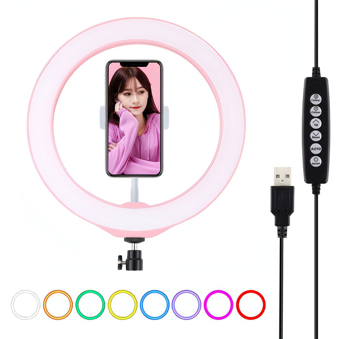 PULUZ 10.2 inch 26cm USB 10 Modes 8 Colors RGBW Dimmable LED Ring Vlogging Photography Video Lights with Cold Shoe Tripod Ball Head & Phone Clamp SJMUSICGROUP