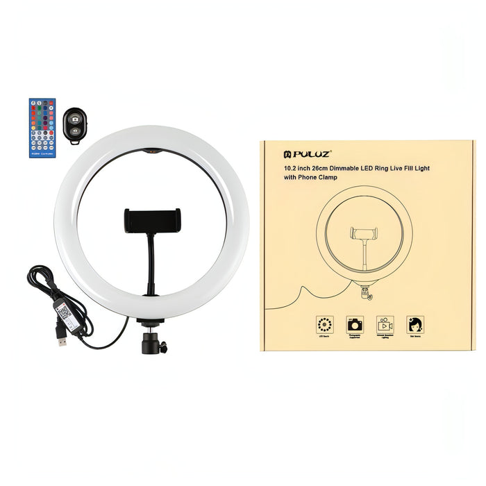 PULUZ 10.2 inch 26cm Curved Surface USB RGBW Dimmable LED Ring Vlogging Photography Video Lights with Tripod Ball Head & Remote Control & Phone Clamp SJMUSICGROUP