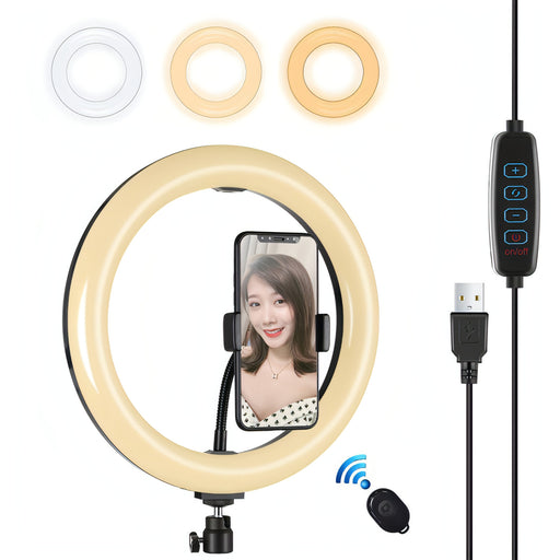 PULUZ 10.2 inch 26cm USB 3 Modes Dimmable Dual Color Temperature LED Curved Diffuse Light Ring Vlogging Selfie Photography Video Lights with Phone Clamp SJMUSICGROUP