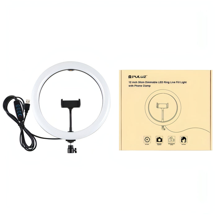 PULUZ 11.8 inch 30cm USB 3 Modes Dimmable Dual Color Temperature LED Curved Diffuse Light Ring Vlogging Selfie Photography Video Lights with Phone Clamp SJMUSICGROUP